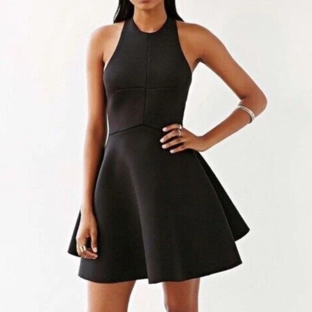 Silence + Noise Scuba Black Fit and Flare Mini Dress Skater Cut Out Halter SMALL
